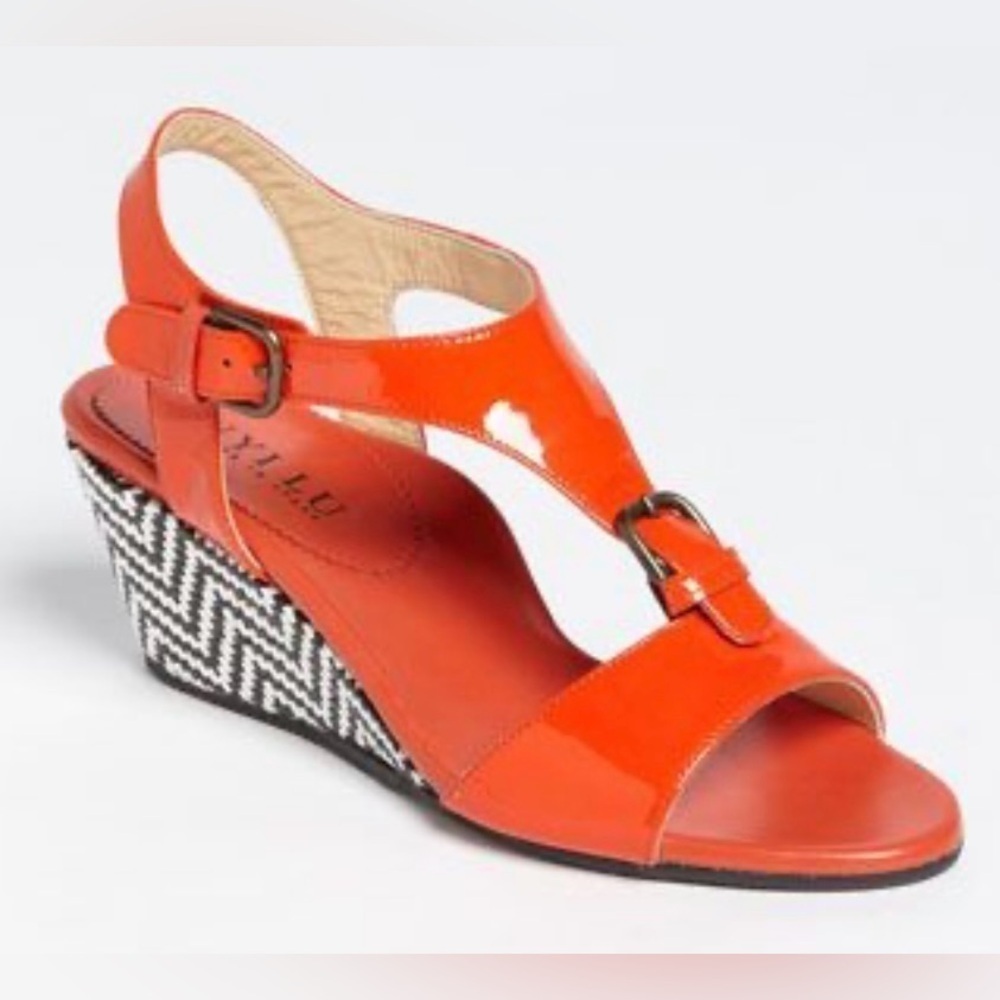 Anyi Lu Women’s Lola Red/Orange Patent Wedge Sandals Handmade in Italy Size 39